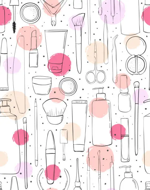 Vector illustration of Cosmetics and makeup. Seamless pattern. Fashion style. Background for beauty salon. Sketch or stroke, drawing by hand