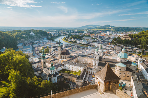 Aerial view of the historic city of Salzburg from Hohensalzburg Fortress at sunset in summer, Salzburger Land, Austria