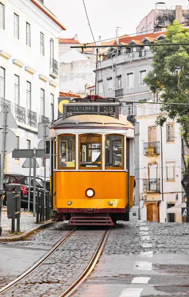 Photo of Lisbon, Portugal. Vintage yellow retro tram