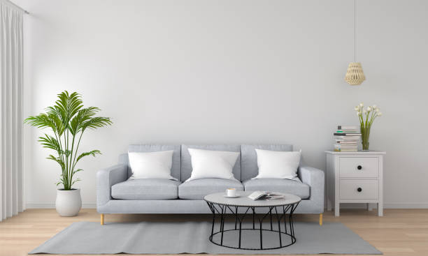 istock grey sofa in white living room, 3D rendering 996970902