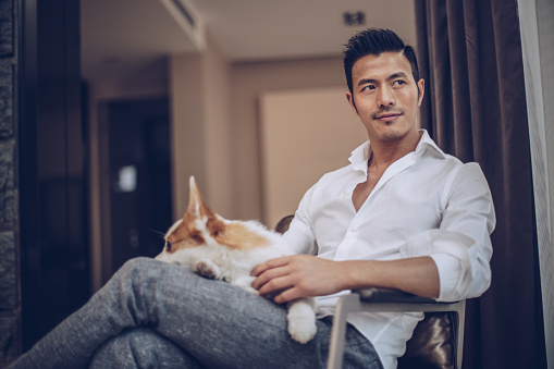One man and his pet dog, sitting on a chair together at home.