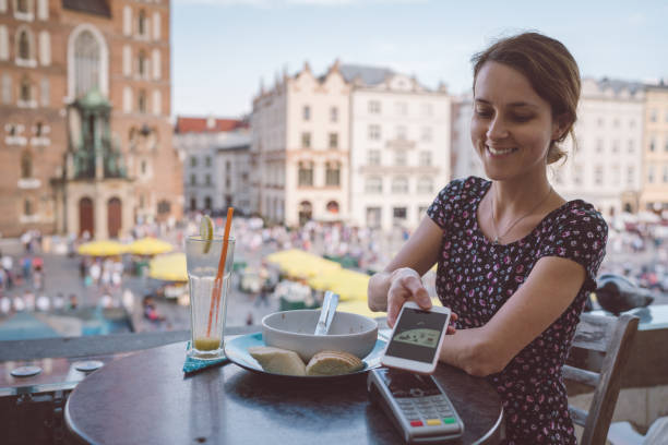 Woman in Krakow old town using digital wallet for mobile payment
