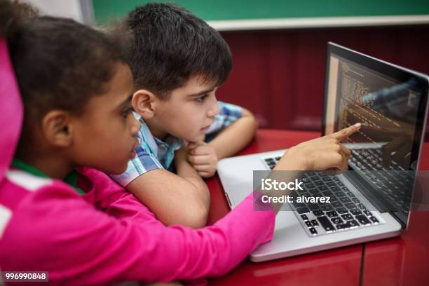 Students Creating Programs While Using Laptop Stock Photo - Download Image Now - Child, Coding, Computer Language