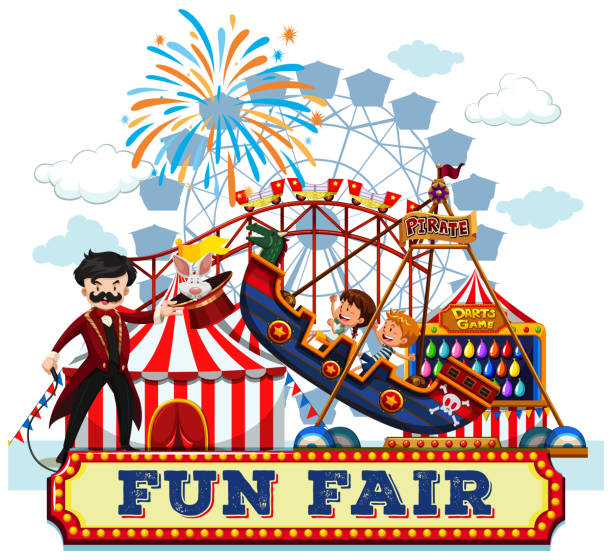 веселая ярмарка и аттракционы - carnival park clip art wheel stock illustrations