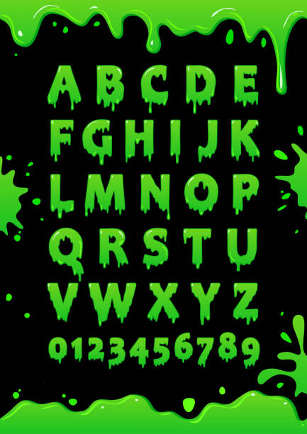 녹색 점액의 폰트입니다. 알파벳 오 점. 편지 고 녹색 유약을 번호입니다. 벡터 포스터 - blob paint slimy splattered stock illustrations