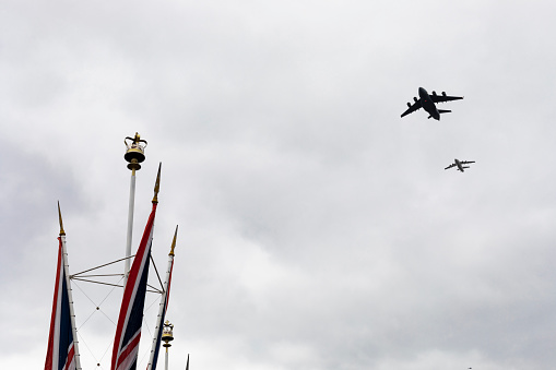 London, United Kingdom - July 10, 2018: Military Jets flying over Buckingham Palace for the Royal Air Force centenary.\