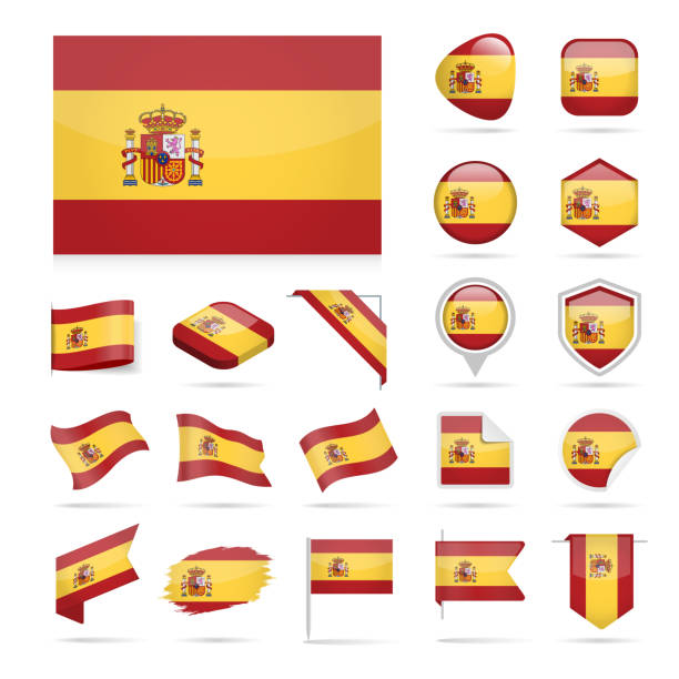 ilustraciones, imágenes clip art, dibujos animados e iconos de stock de españa - bandera icono vector brillante conjunto - spain flag spanish flag national flag