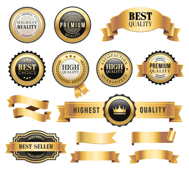 ilustrações de stock, clip art, desenhos animados e ícones de gold badges and ribbons set - internet banner placard ribbon