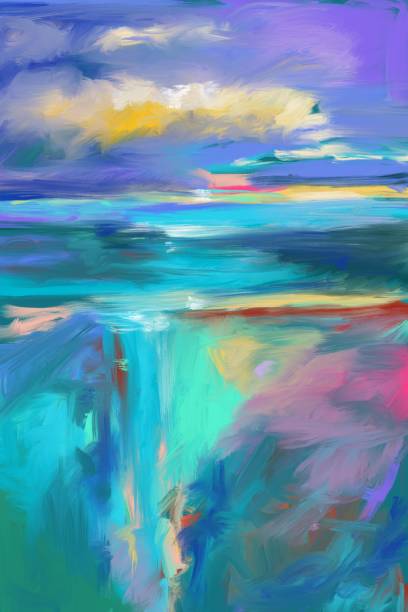 istock Hand painted and drawn original Abstract Landscape art background, complete modern painting.  mutiple colors, trendy colors,strong elements shapes and textures for your art graphic design background 997004438
