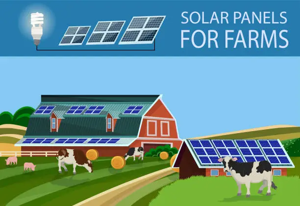 Vector illustration of Solar Batteries for Farm. Vector Illustration.