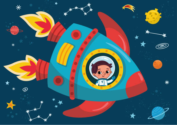 Boy in a rocket journey to space. Boy in a rocket journey to space. Vector illustration. astronaut backgrounds stock illustrations
