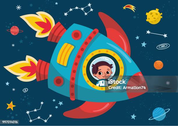 Boy In A Rocket Journey To Space Stock Illustration - Download Image Now - Child, Outer Space, Rocketship