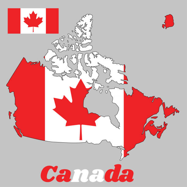 istock Map outline of Canada, a vertical triband of red and white with the red maple leaf on the center, with text Canada. 997022346