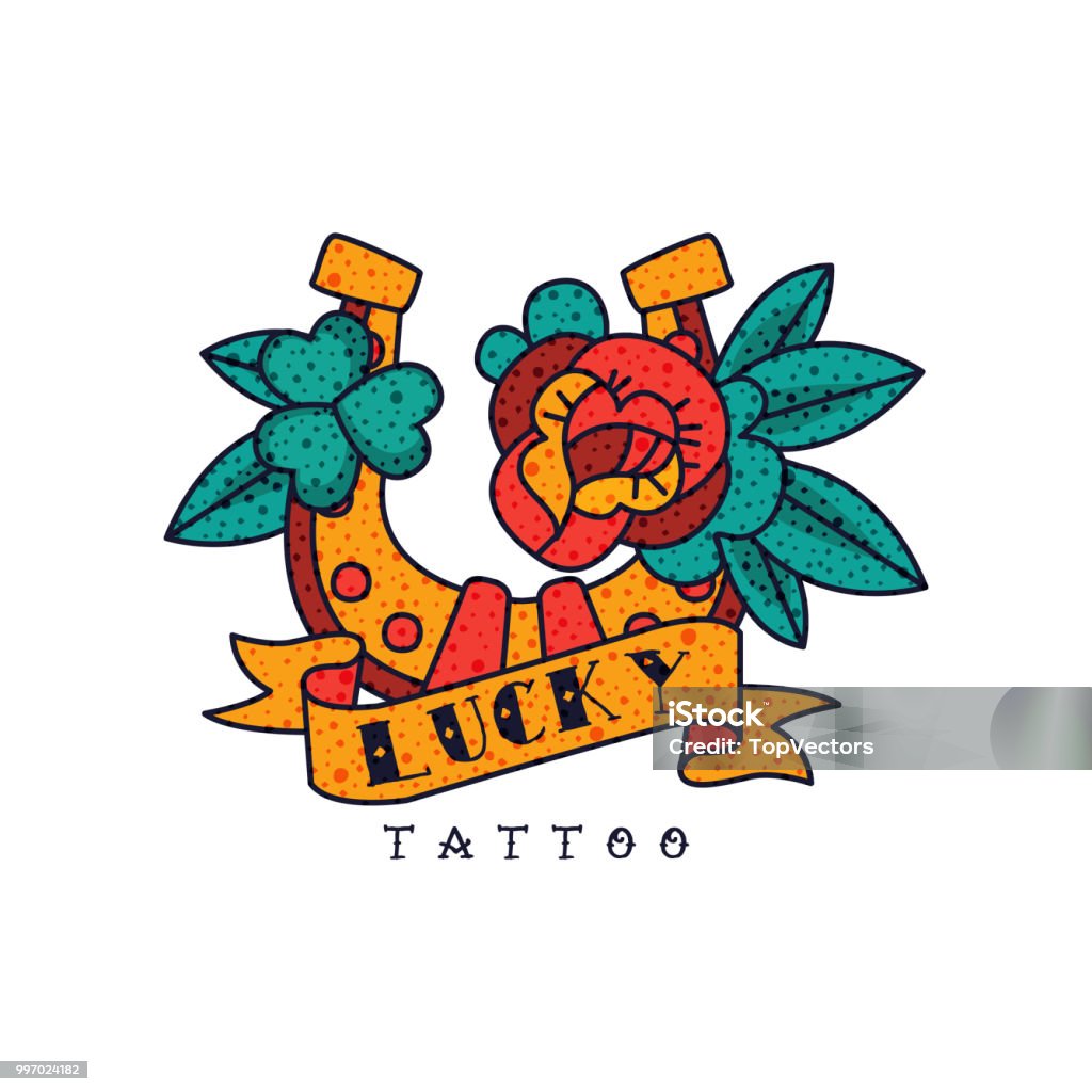 Horseshoe, rose flower, ribbon and word Lucky, classic American old school tattoo vector Illustration on a white background Horseshoe, rose flower, ribbon and word Lucky, classic American old school tattoo vector Illustration isolated on a white background. American Culture stock vector