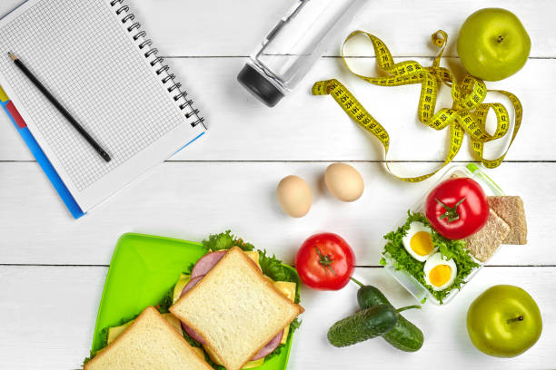 istock Top view planning notebook with copy space and healthy breakfast. Sandwich with ham and cheese, eggs, cucumber, tomato and bottle of water on white wooden table 997024200