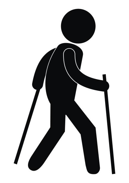 Tourist, black vector icon, silhouette of male, web icon Tourist, black vector icon, silhouette of male with sticker, web icon. disabled person hiking outdoors stock illustrations
