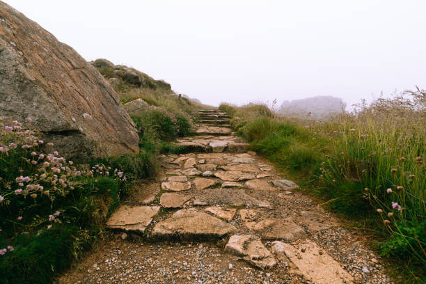 Hiking trail between big rocks in foggy weather stock photo