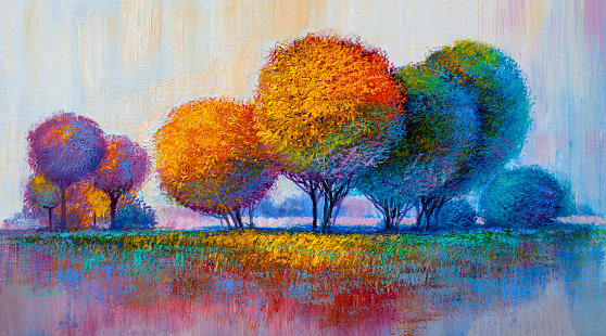 Oil painting landscape, colorful  trees.  Hand Painted Impressionist, outdoor landscape.