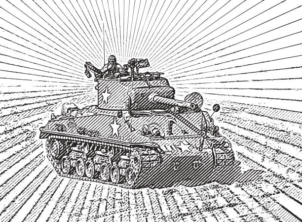 ilustraciones, imágenes clip art, dibujos animados e iconos de stock de ilustración de estilo retro de un tanque blindado de la ii guerra mundial en el combate - allied forces illustrations