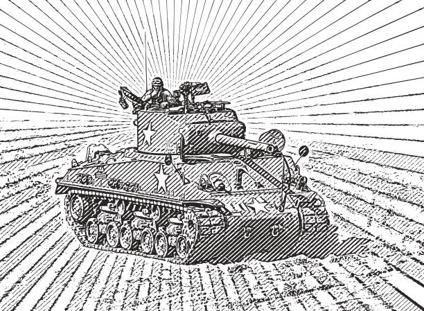 戦闘での第二次世界大戦の装甲タンクのレトロなスタイルの図 - allied forces illustrations点のイラスト素材／クリップアート素材／マンガ素材／アイコン素材
