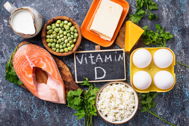 Healthy foods containing vitamin D stock photo