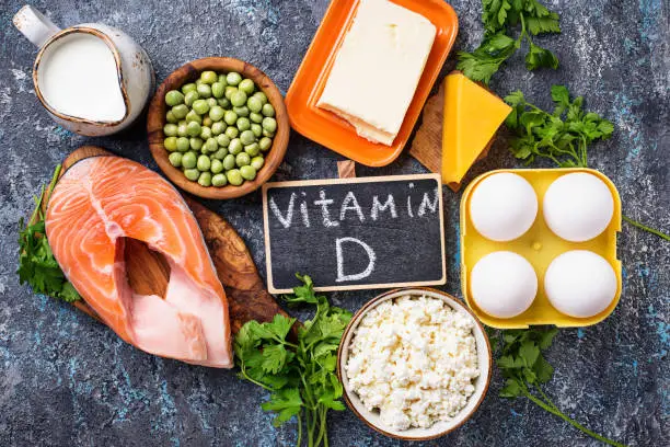 Healthy foods containing vitamin D. Top view