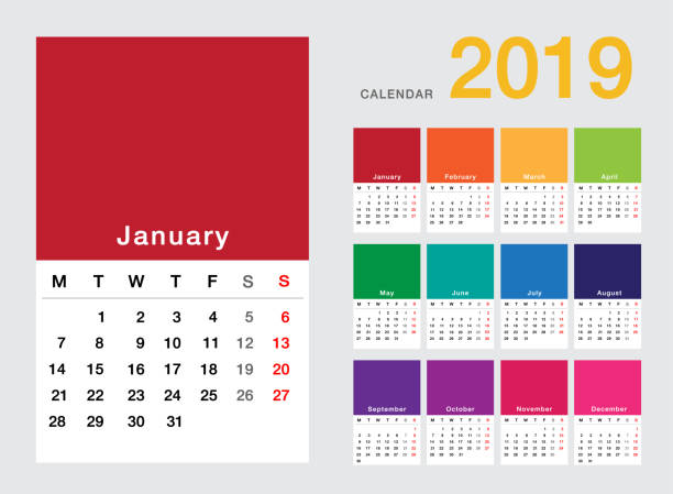 kolorowy rok 2019 kalendarz poziomy szablon projektu wektora - personal data assistant stock illustrations
