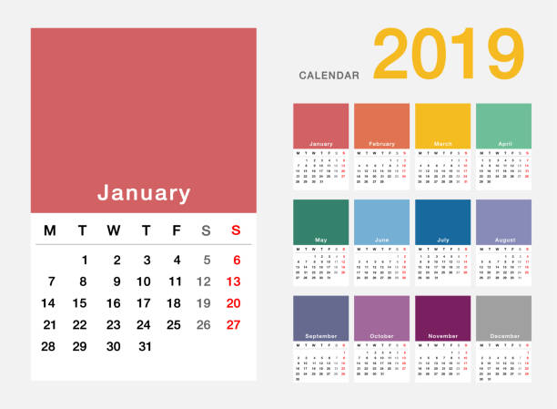 ilustrações, clipart, desenhos animados e ícones de modelo de design de vetor horizontal de calendário colorido ano 2019 - personal data assistant