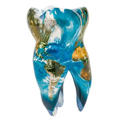 Tooth with blue Earth map texture. Global dentistry concept, 3D rendering. The source of the map - https://svs.gsfc.nasa.gov/3615