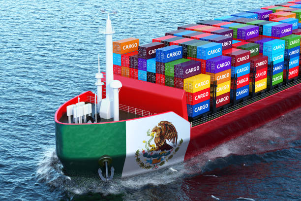 Mexican freighter ship with cargo containers sailing in ocean, 3D rendering