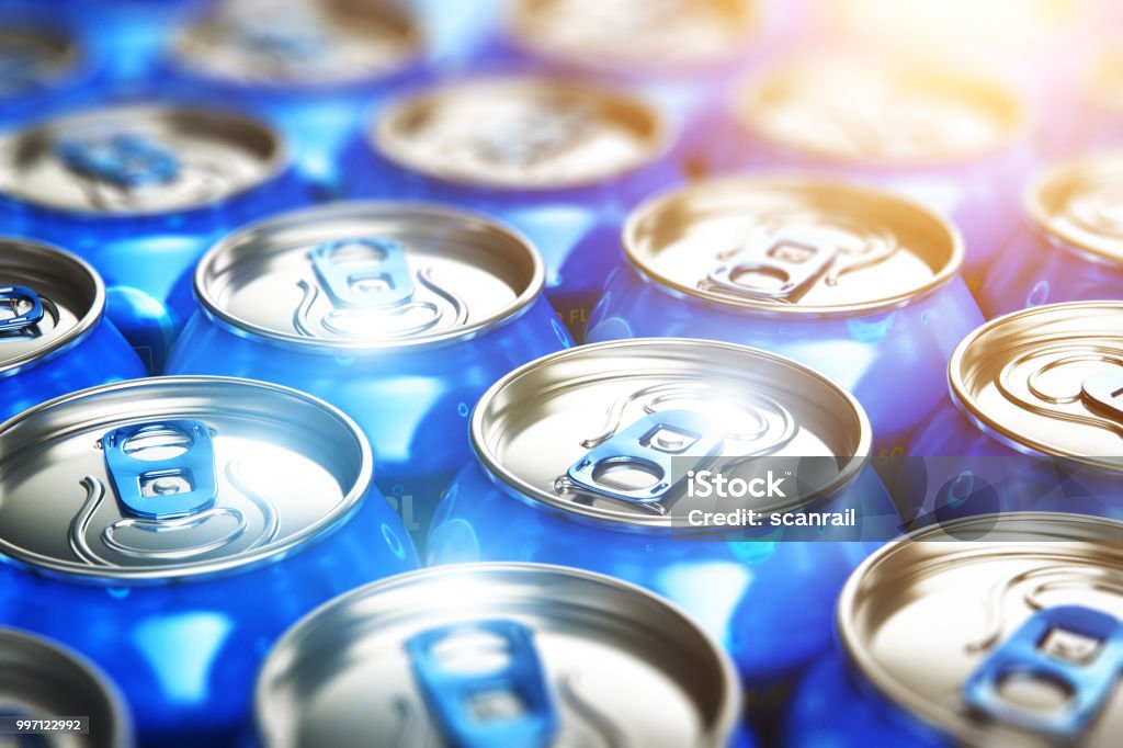 Metal cans with soda refreshing drinks Creative abstract 3D render illustration of the macro view of blue metal shiny drink tin cans with soda refreshing beverages selective focus bokeh effect Can Stock Photo