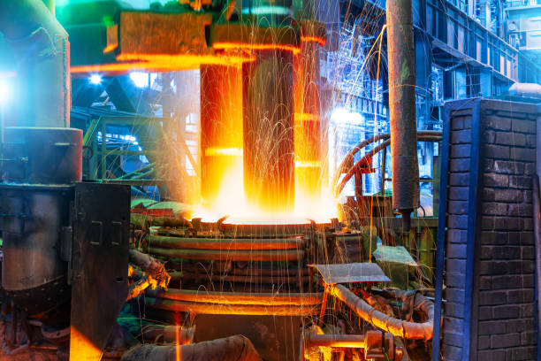 Electroarc furnace at metallurgical plant stock photo