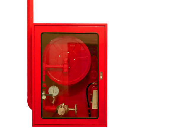 Fire water hoses and fire extinguisher equipment in red cabinet isolate on white background.