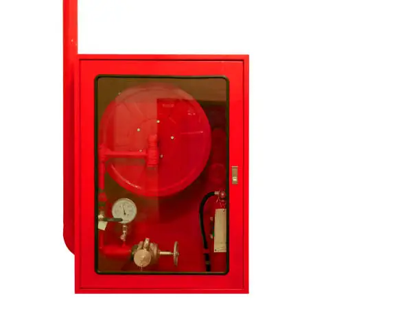 Fire water hoses and fire extinguisher equipment in red cabinet isolate on white background.