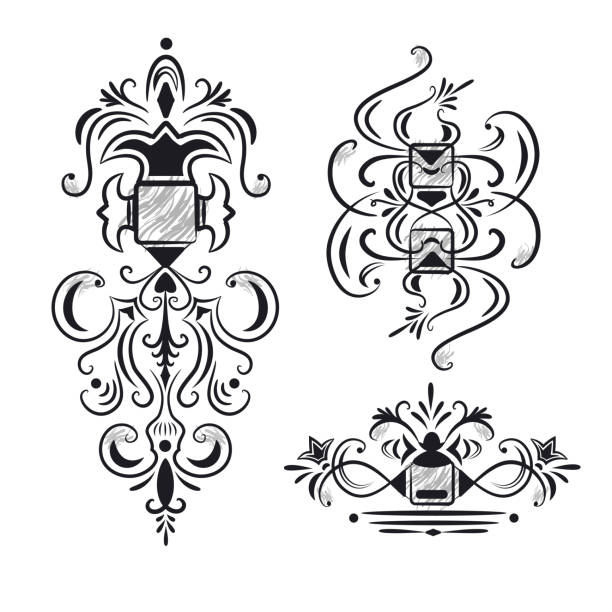 ilustraciones, imágenes clip art, dibujos animados e iconos de stock de colección de elementos ornamentales - scroll shape corner victorian style silhouette