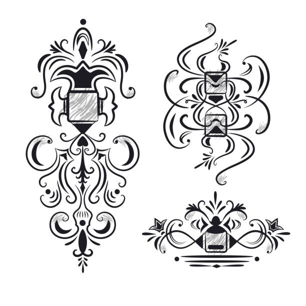 коллекция богато отмеченных элементов дизайна - scroll shape corner victorian style silhouette stock illustrations