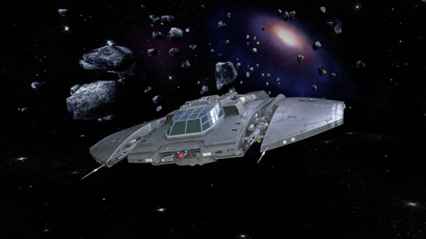 istock Spaceship in deep space, alien spacecraft in asteroid field flying through the universe, UFO, 3D render 997275038