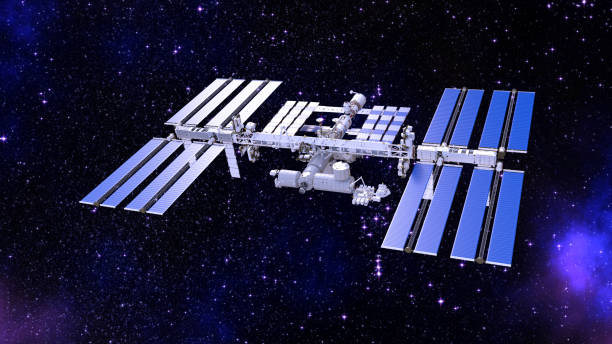 istock Space station, satellite with solar panels, space base in the universe, 3D render 997275134