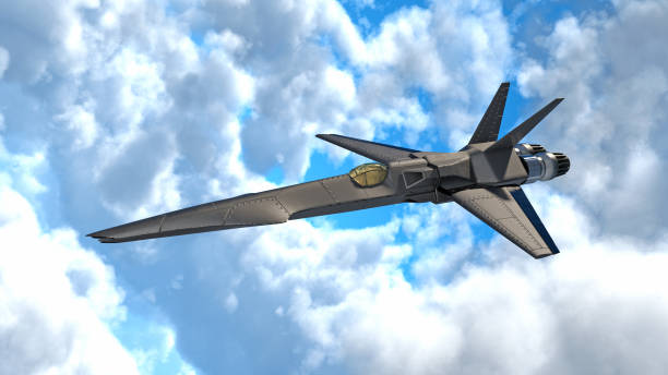 istock Fighter Jet, futuristic military airplane flying in clouds, 3D render 997275218