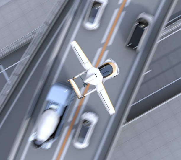 futuristic flying car flying over traffic jam in highway - traffic jam traffic sports utility vehicle car imagens e fotografias de stock