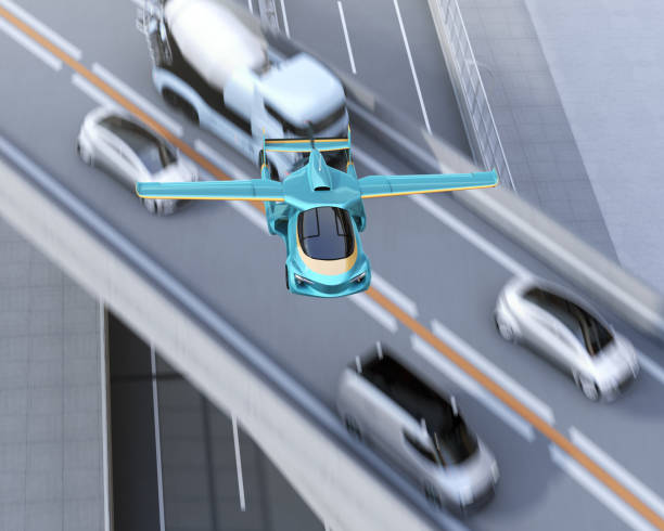 istock Futuristic flying car flying over traffic jam in highway 997294694