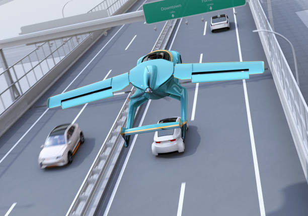 istock Futuristic flying car takes off from highway 997294700