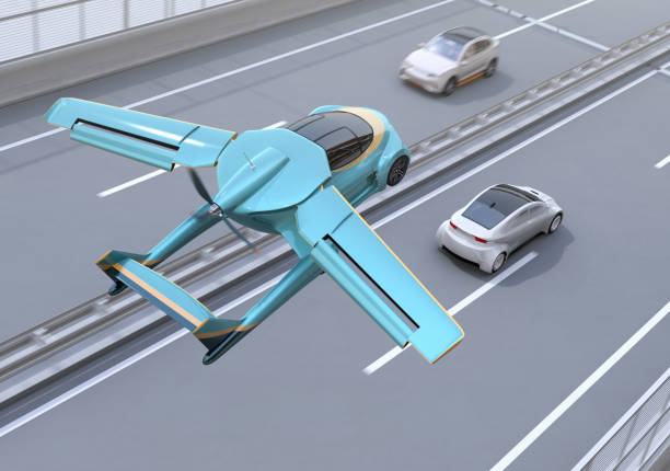 istock Futuristic flying car flying over the highway 997294744