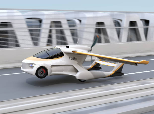 istock Futuristic flying car takes off from highway 997294790