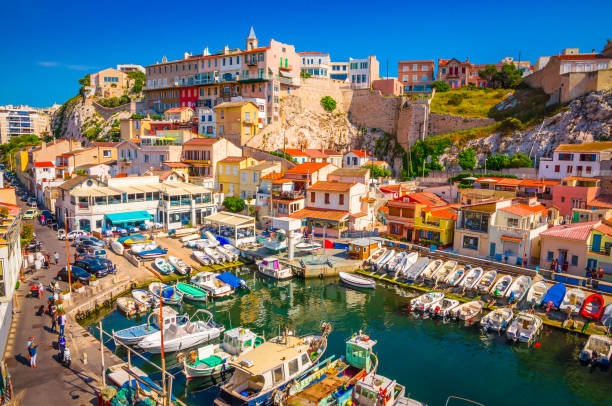 The Vallon des Auffes - fishing haven with small old houses, Marseilles, France The Vallon des Auffes - fishing haven with small old houses, Marseilles, France marseille stock pictures, royalty-free photos & images