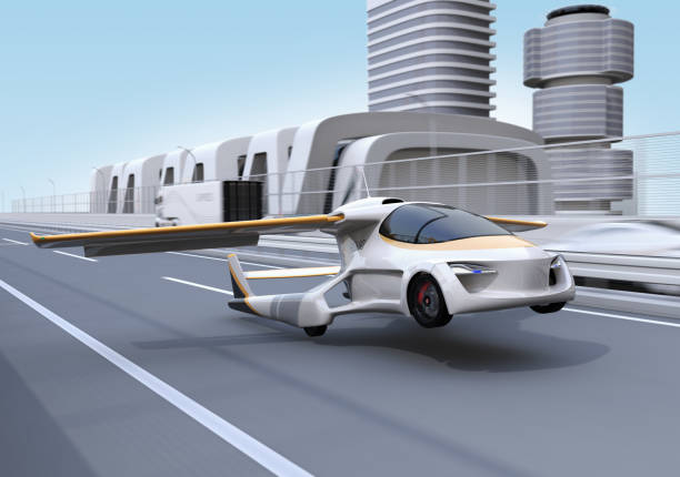 istock Futuristic flying car takes off from highway 997296194