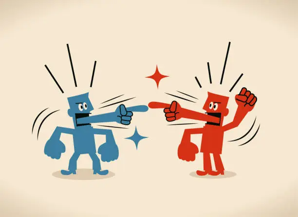 Vector illustration of Two businessmen with finger pointing tongue fighting with each other