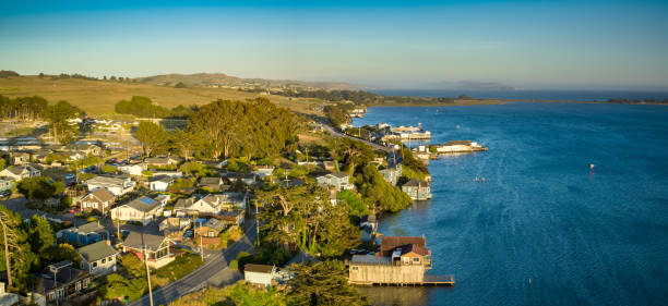 Bodega Bay Town at Sunset - Aerial Panorama