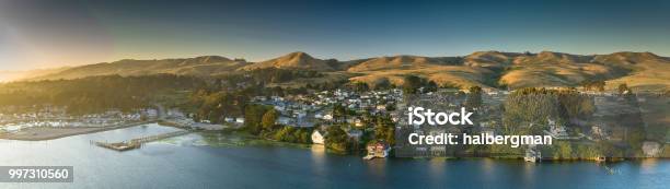 Bodega Bay Houses And Marina At Dusk Aerial Panorama Stock Photo - Download Image Now