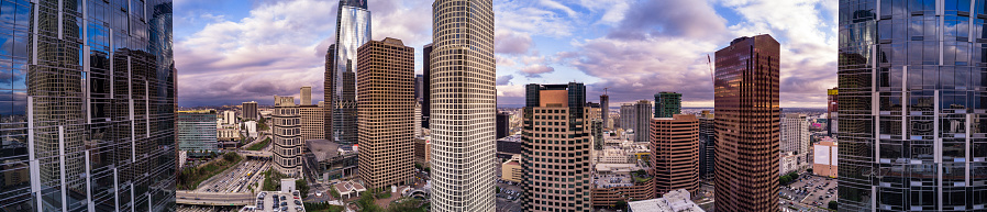 Aerial panorama of the skyscrapers of Downtown Los Angeles' financial district, taken from mid way up the closest towers.